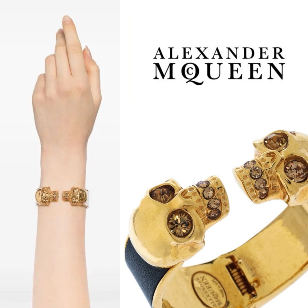 Alexander McQueen Black Leather Crystal Double Skull Open Cuff Bracelet